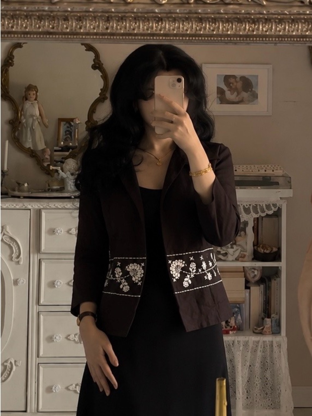 Coldwater Creek Brown Blazer with White Floral Embroidery
